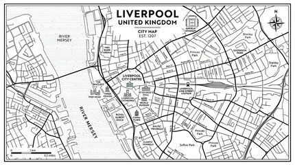 Liverpool City Map, United Kingdom - Detailed Street Network and River Mersey © muse