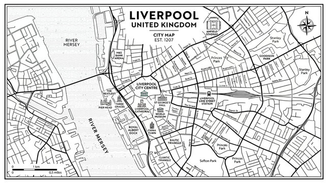 Liverpool City Map, United Kingdom - Detailed Street Network and River Mersey