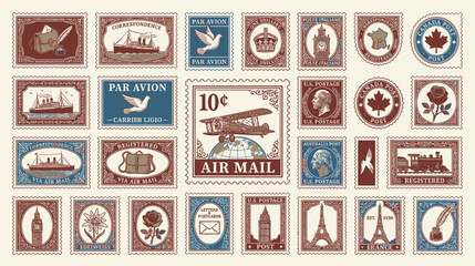 Vintage Postage Stamps Collection: Air Mail, Ships, Landmarks, Flowers, Crown © muse