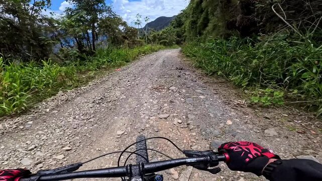 Action Camera POV Cycling Down North Yungas Death Road in Bolivian Andes