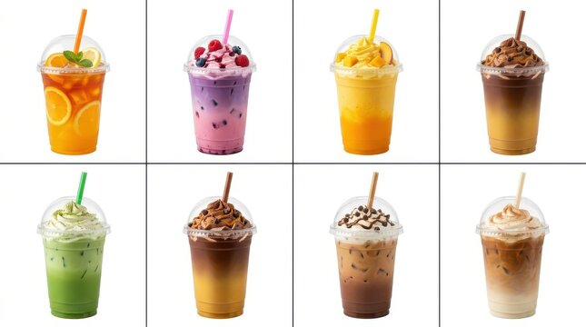 Set of various refreshing drinks with fruit, berries, chocolate, and matcha in plastic cups with straws isolated on white background