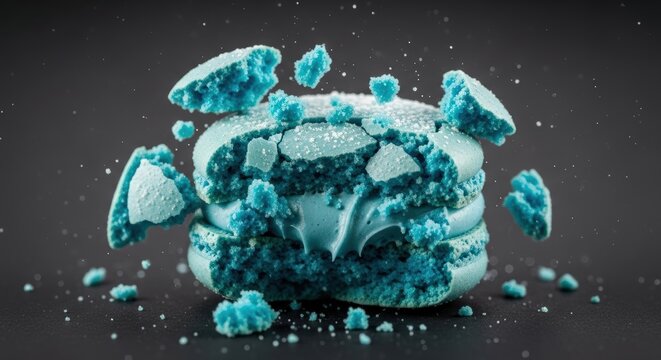 Crashing blue ice cube exploding apart.