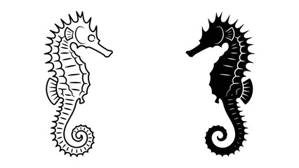 Seahorse Duo: A striking contrast of two seahorse illustrations, one outlined in black and white, the other a solid black silhouette, presented side-by-side to showcase their unique aquatic form. © Abdul