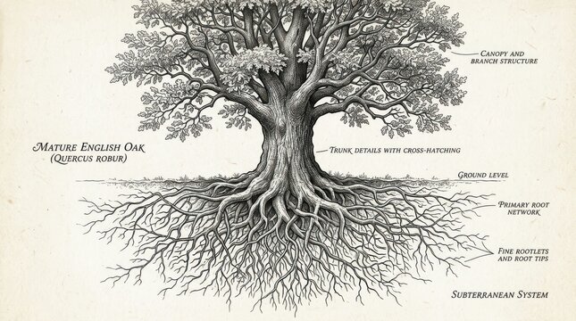 Detailed botanical illustration of a mature english oak tree with visible root system and canopy structure