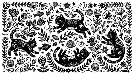Folk art style cat and flower monochrome pattern. © Markilus