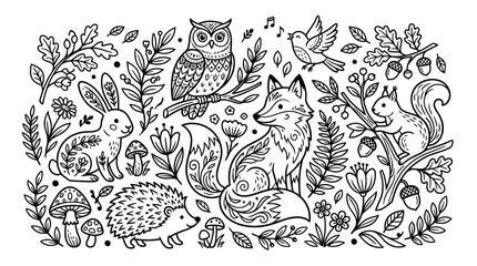 Forest animals and plants line art coloring page. © Markilus