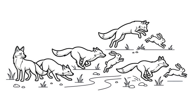 Foxes chasing rabbits line art illustration.