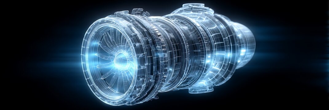 Futuristic jet engine hologram glowing with blue light and intricate wireframe details showcasing advanced aerospace engineering and turbine technology against dark backdrop