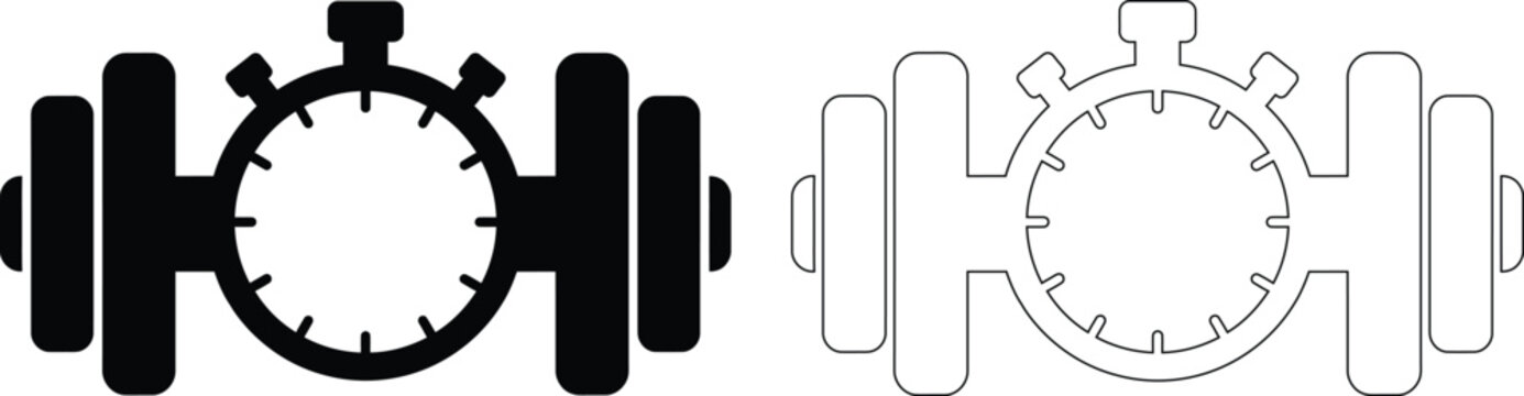 Barbell icon set with timer clock symbol, black and outline gym equipment design representing workout timing, fitness training and exercise schedule