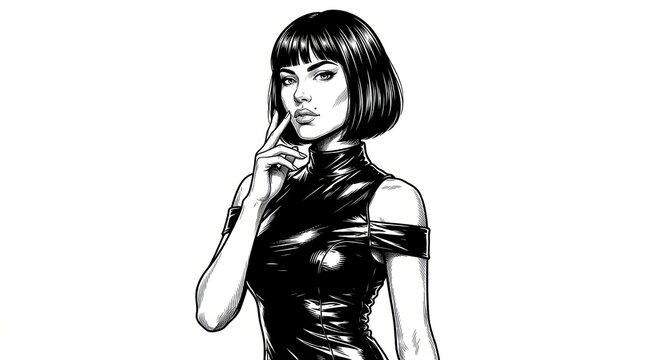A stylish fictional woman with a sleek bob haircut wearing a shiny fitted dress, captured in an elegant fashion portrait while making a graceful expressive gesture. 