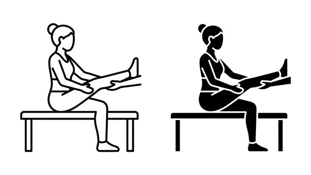 Woman Stretching Hamstring on Bench: Two stylized icons depict a woman performing a hamstring stretch while seated on a bench, showcasing a fitness exercise.