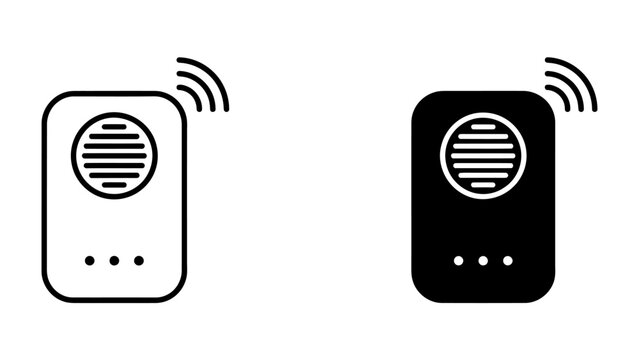 Wi-Fi Speaker Icon: A minimalist graphic representing a Wi-Fi enabled speaker, shown in both white and black outlines, emitting wireless signals.