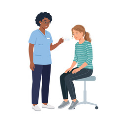 Obraz premium Smiling Black female nurse in blue scrubs showing positive pregnancy test result to anxious young woman sitting on clinic stool flat vector illustration