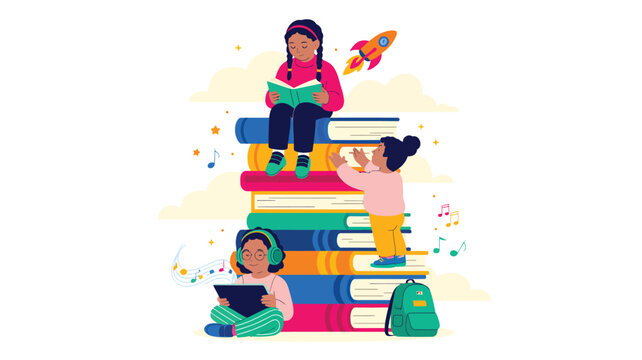Children engaging with books, one reading on a tall stack, another climbing, a rocket flying