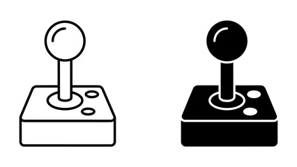 Retro Joystick Icon: A minimalist illustration of a classic joystick, presented in both outline and solid black versions, evoking nostalgia for arcade gaming. © AJM