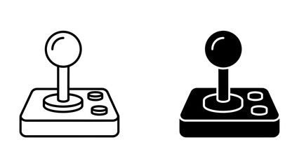 Retro Arcade Joystick Icon: Two distinct joystick icons, one outlined and the other filled in black, represent classic video game controllers and retro gaming. © AJM