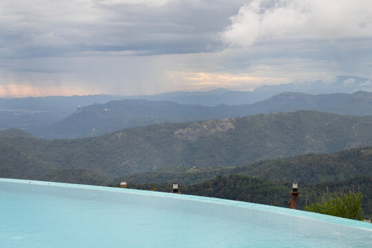 Sunset view of the mountain ranges in the hill country surrounding Haputale in Sri Lanka.