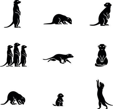 Meerkat Silhouette Vector Set with Various Wild Animal Poses Standing Guard, Running, Foraging, and Family Elements for Nature and Zoo Graphic Designs