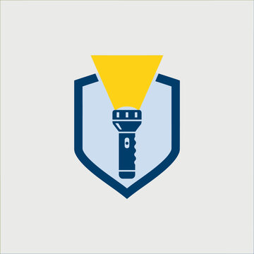 Flashlight on shield emblem logo symbol.