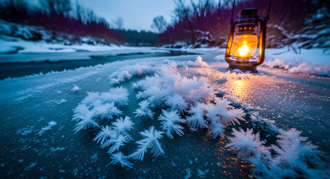 A serene winter scene with a glowing lantern on a frozen road surrounded by snow and ice formations at dusk.