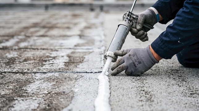 Worker applies sealant caulk gun, flat roof repair on building. Gloved hands seal cracks, compound ensures effective flat roof repair. Vital flat roof repair for maintenance, construction, renovation.