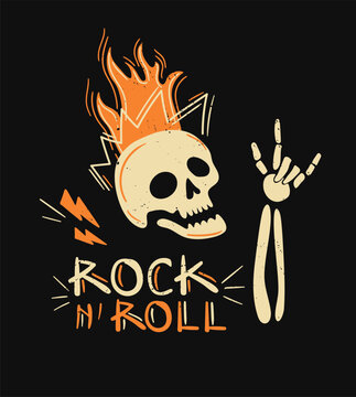 Flaming Skull Rock Sign Vector
