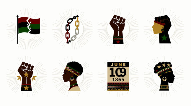 Juneteenth celebration icons, freedom and empowerment symbols