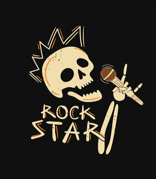 Grunge Rock Star Skull Singing in Microphone