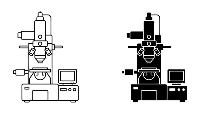 Scanning Electron Microscope Icon: A pair of detailed line art icons depicting a scanning electron microscope (SEM) in both outline and silhouette form.