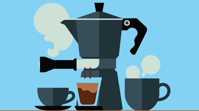 Coffee makers with brewing espresso dripping into cup on blue