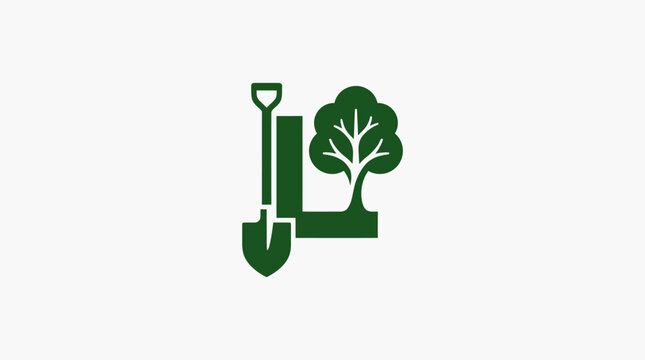 Green tree and shovel logo symbol.