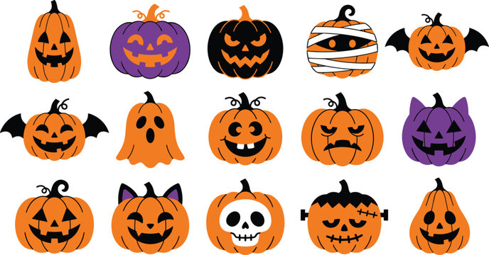 Halloween pumpkin jack o lantern vector sticker set with spooky faces ghost mummy bat skull Frankenstein and cat characters