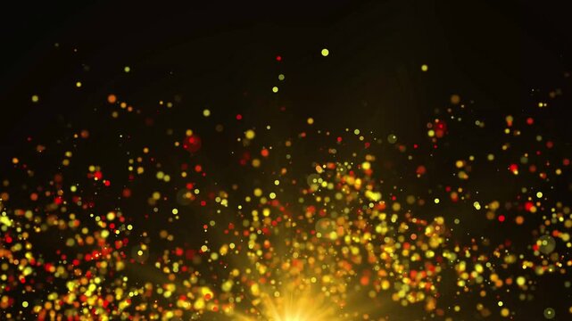 Golden Glitter Particles Floating on Black Background with Shining Bokeh Stars, Luxury Sparkling Dust, Elegant Light Flare Effects, Premium Award Celebration, Seamless 4K Loop Motion Graphics Animatio