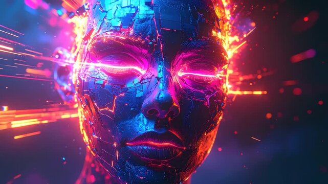 Glowing face with neon cracks and energy streaks against a dark backdrop
