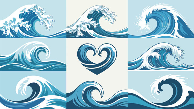 Collection of dynamic blue ocean waves with a central heart shaped water ripple