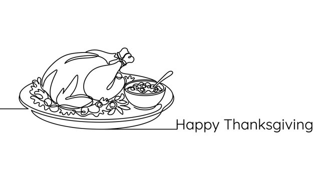 Continuous line drawing of a roasted Thanksgiving turkey dinner.