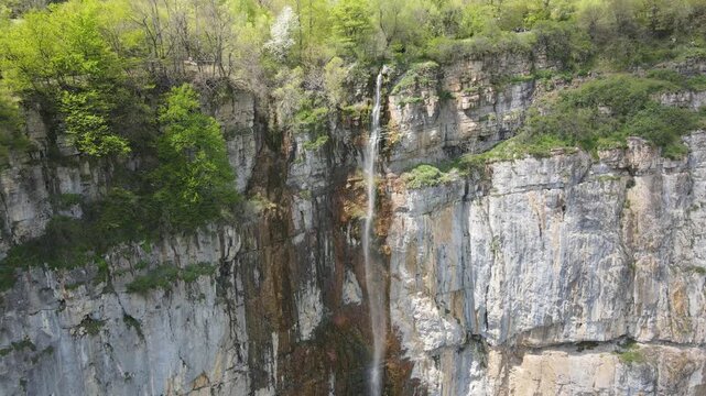 Aerial view of Skaklya Waterfall at Balkan Mountains near village of Zasele, Bulgaria

