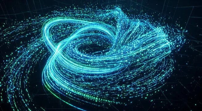 Dynamic abstract visualization of cyber security concepts with flowing data streams and neural networks