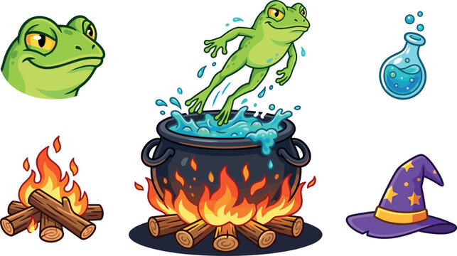 Witch Cauldron with Magic Potion and Jumping Frog Vector Set with Witch Hat, Flask, and Bonfire Elements for Halloween and Fantasy Graphic Designs