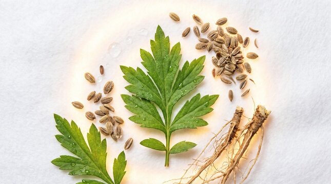 Green leaves seeds and roots of a medicinal plant on a white background
