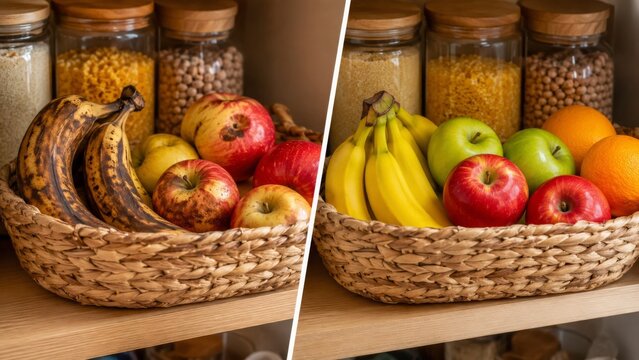 Bruised pantry fruit basket and colorful fresh fruit