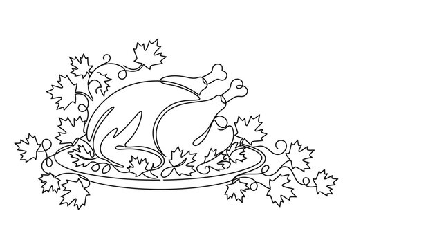 Continuous line drawing of a roasted turkey on a platter with autumn leaves.