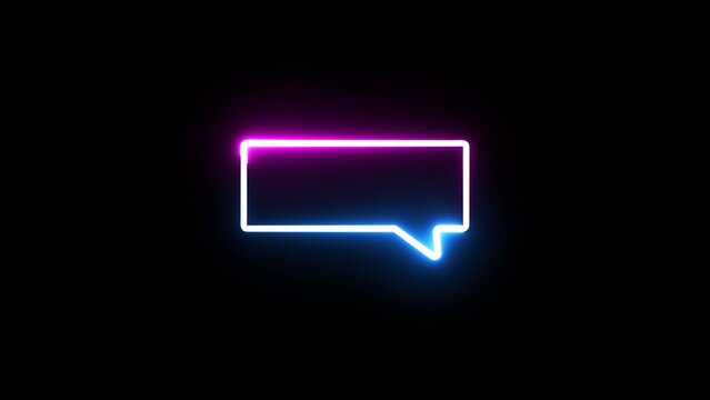 Neon speech bubble chat box with pink and blue light on black background.