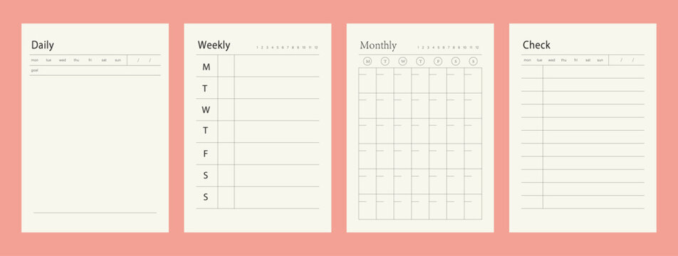 4 set Daily weekly monthly Planner. Minimalist planner template set. Vector illustration.	