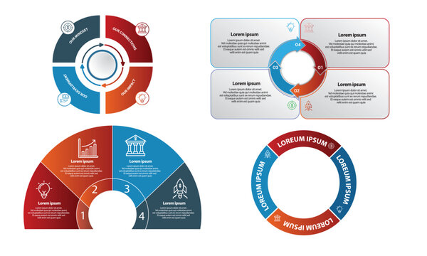 Set of infographic templates with 4 steps, options. Arrows, circle cycle diagram, semi circle chart	