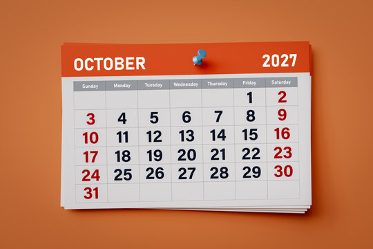 October 2027 calendar page with a pushpin on a orange background. Concept of business planning, scheduling appointments, corporate timeline, and time management goals. 3D illustration