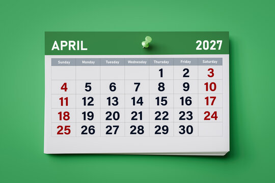 April 2027 calendar page with a pushpin on a green background. Concept of business planning, scheduling appointments, corporate timeline, and time management goals. 3D illustration