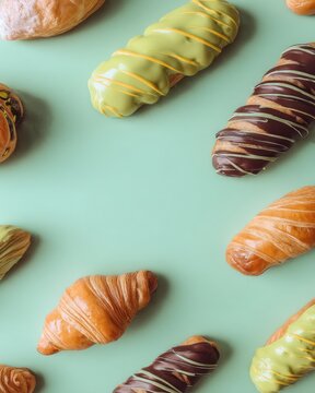 Croissants and Cream Puffs on Mint Background Flat Lay Delicious Pastries Overhead Shot Bakery Assortment Chocolate Green Tea Glaze Food Photography