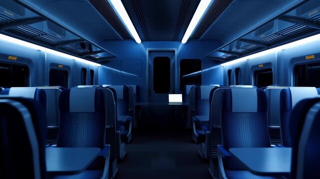 Empty modern train cabin viewed down centered aisle with paired seats, overhead luggage racks, cool blue fluorescent lighting and quiet sterile transit atmosphere