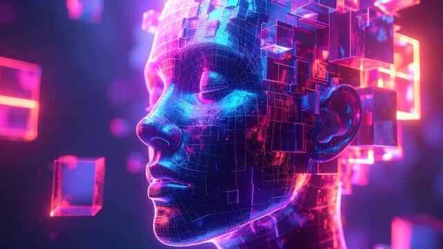 Digital face in profile, constructed with glowing, pixelated elements